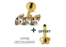 Labret Titane PVD Gold Filetage Interne Stérile motif Marquise 3 Strass Diagonal