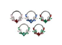 Anneau charnière titane motif feuillage strass et carré turquoise