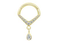 Anneau charni&egrave;re titane PVD gold strass blanc goutte ITC Piercing